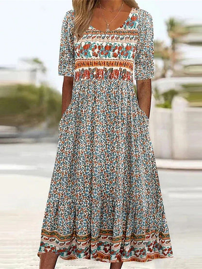 Genevieve | Dress with Bohemian Print and Round Neckline