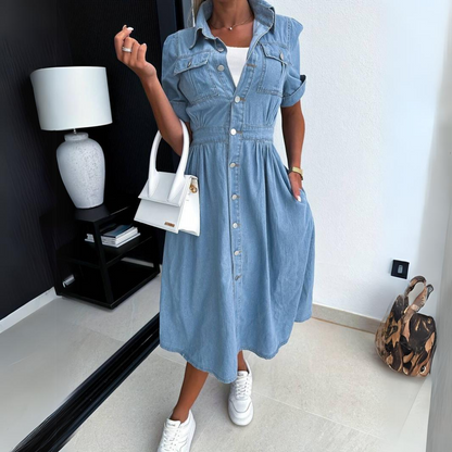 Sierra | Women's Denim Button-Up Mid-Length Dress Short-Sleeved