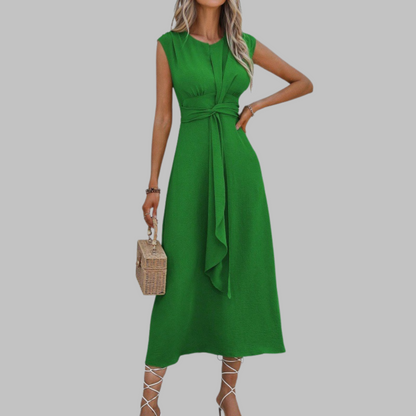 Rachel | Women's Belted Mid-Length Dress No-Sleeve Round Neck A-Line