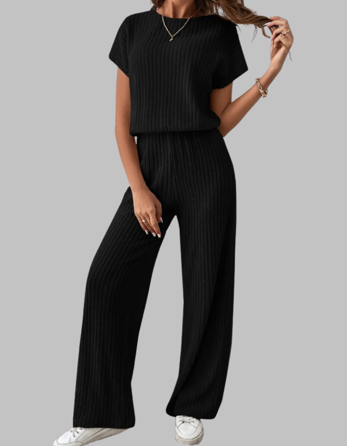 Carol | Women's Ribbed Two Piece Set Short Sleeve Top Wide Leg Pants