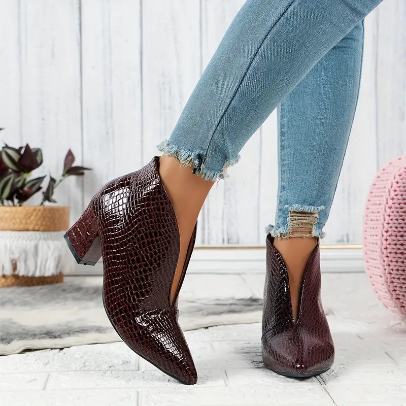 Mackenzie | Women's Textured Ankle Boots with Curved Cut and Mid Block Heel