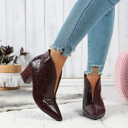 Mackenzie | Women's Textured Ankle Boots with Curved Cut and Mid Block Heel
