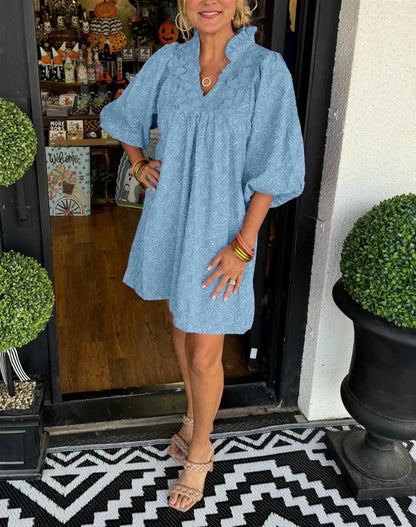 Arianna | Women's Puff Sleeve Short Dress V-Neck Smock Babydoll