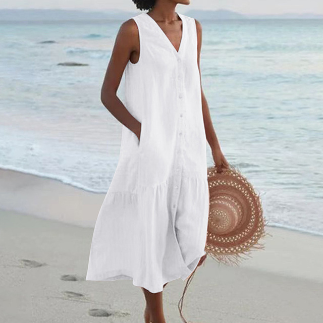 Brinley | No-Sleeve Buttoned Mid-Length Dress