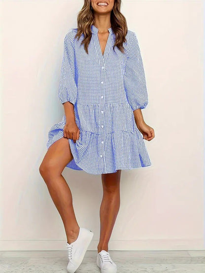 Aurora | Women's Gingham Print Button-Through Short Dress Three-Quarter Sleeve