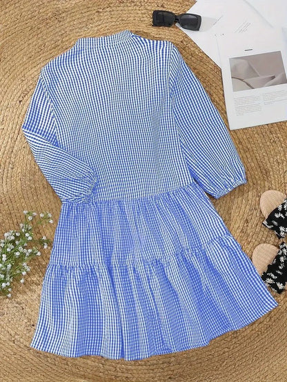Aurora | Women's Gingham Print Button-Through Short Dress Three-Quarter Sleeve