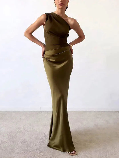 Rylee | Refined One Shoulder Neck Pleated Party Maxi Dress