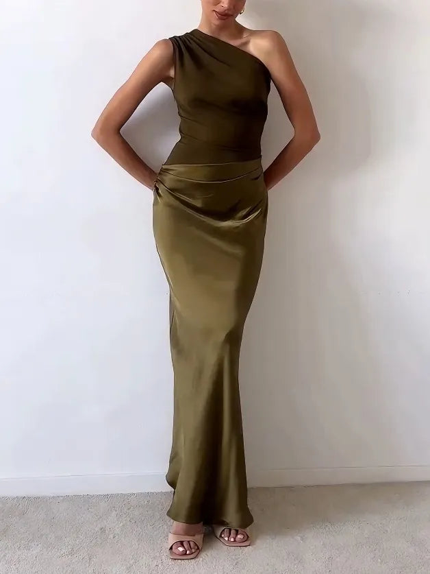 Rylee | Refined One Shoulder Neck Pleated Party Maxi Dress