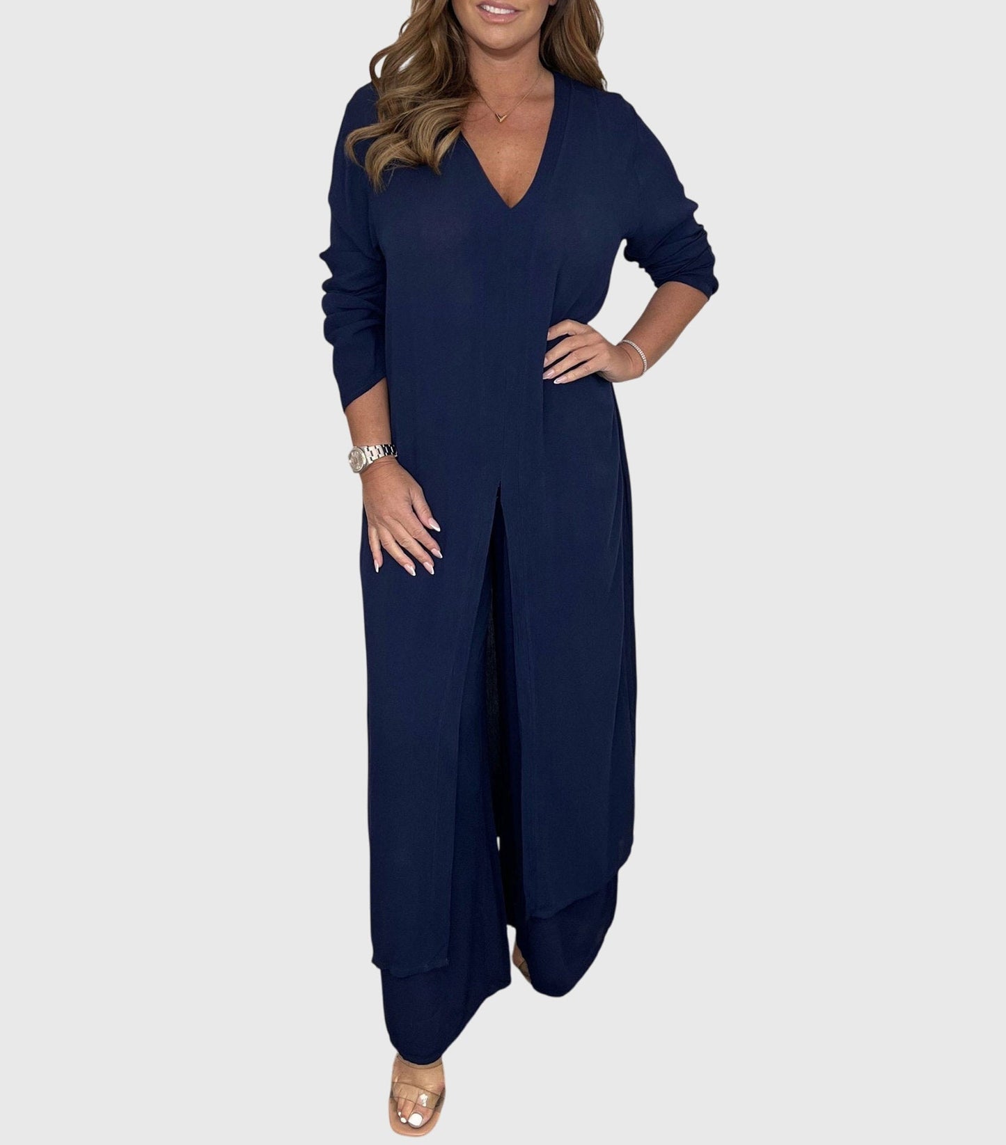 Nicole | Women's Duster Cardigan Two-Piece Set Wide Leg Pants