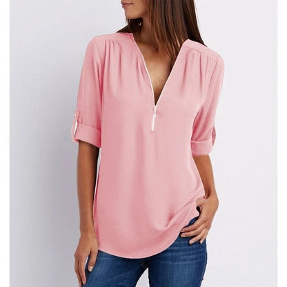 Marissa | Women's Zip-Up V-Neck Half Sleeve Relaxed Blouse Top