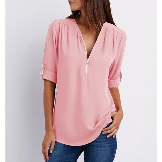 Marissa | Women's Zip-Up V-Neck Half Sleeve Relaxed Blouse Top