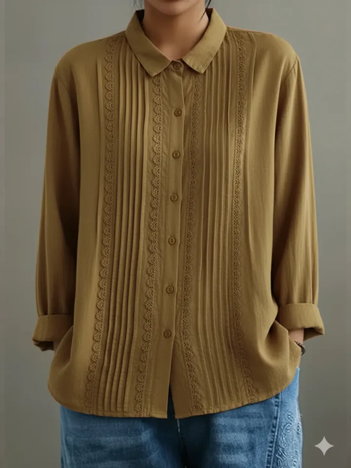 Nicole | Women's Lace Trim Button-Up Long Sleeve Blouse