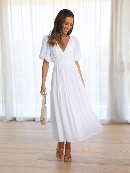 Ivy | Women's V-Neck Puff Sleeve Mid-Length Dress with Smocked Waist