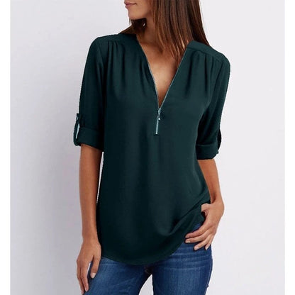 Marissa | Women's Zip-Up V-Neck Half Sleeve Relaxed Blouse Top