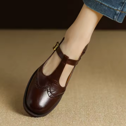 Selena | Women's Leather T-Strap Mary Jane Shoes Low Block Heel
