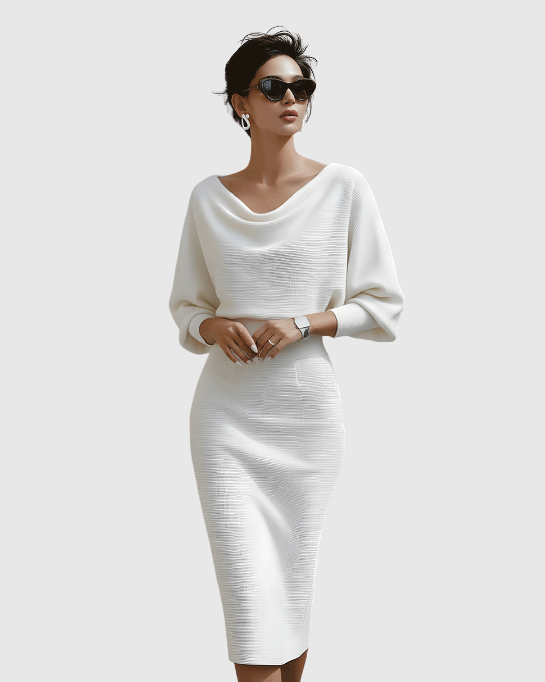 Taylor | Women's Cowl Neck Batwing Sleeve Ribbed Mid-Length Dress