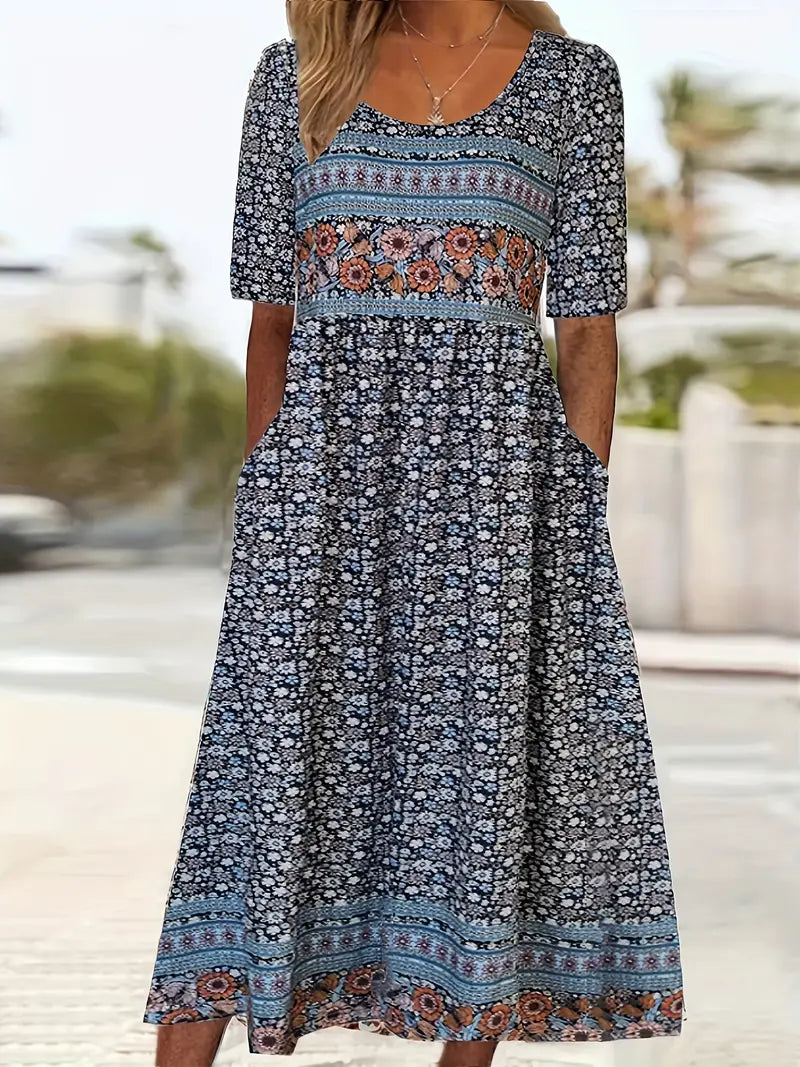 Genevieve | Dress with Bohemian Print and Round Neckline