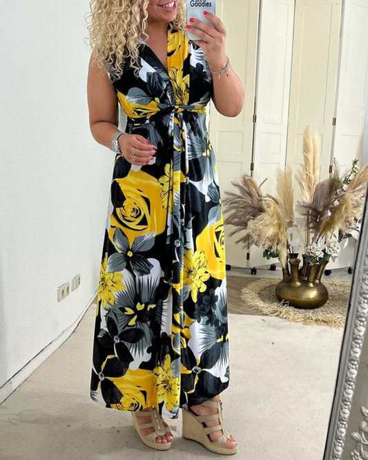 Trinity | Women's Floral Maxi Dress No-Sleeve Tie Front V-Neck