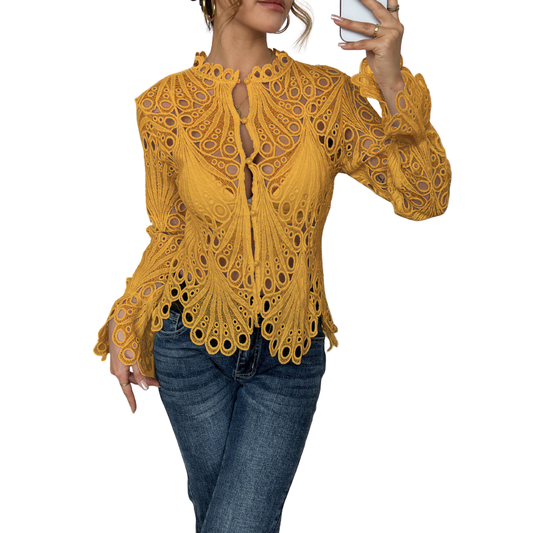 Robin | Women's Lace Cutwork Blouse Long Sleeve Hollow Out Top