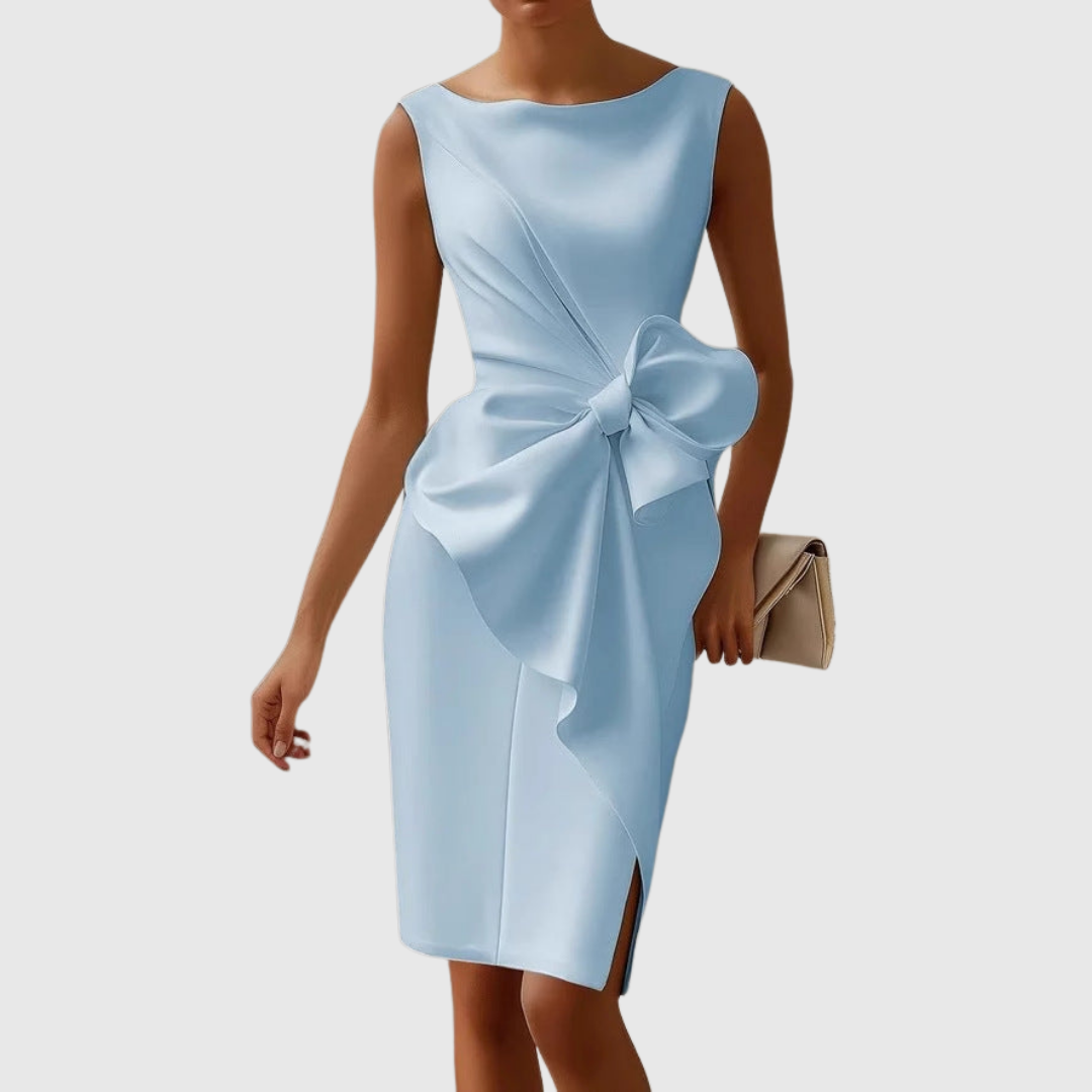 Emma | Women's Boat Neck No-Sleeve Mid-Length Dress with Bow Detail