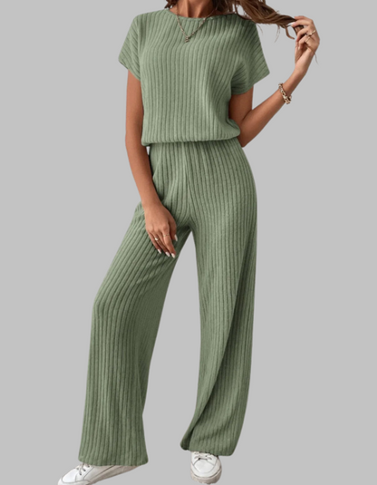 Carol | Women's Ribbed Two Piece Set Short Sleeve Top Wide Leg Pants