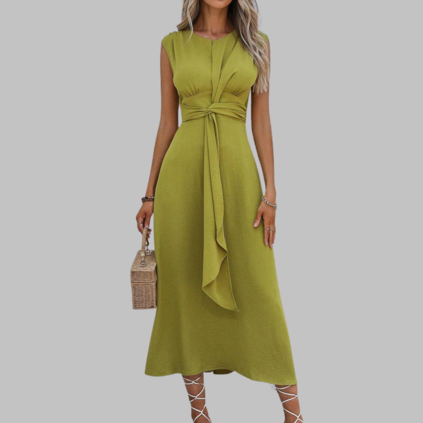 Rachel | Women's Belted Mid-Length Dress No-Sleeve Round Neck A-Line