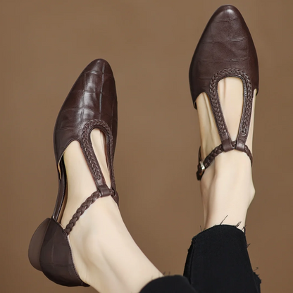 Colleen | Women's Leather T-Strap Mary Jane Flats Pointed Toe Flat