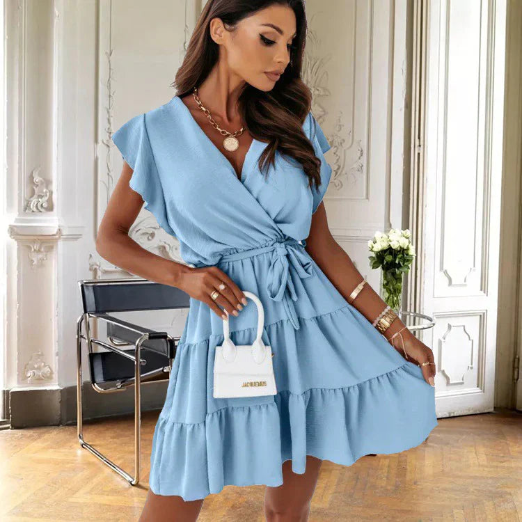 London | Women's Wrap Short Dress Flutter Sleeve Ruffle Belted