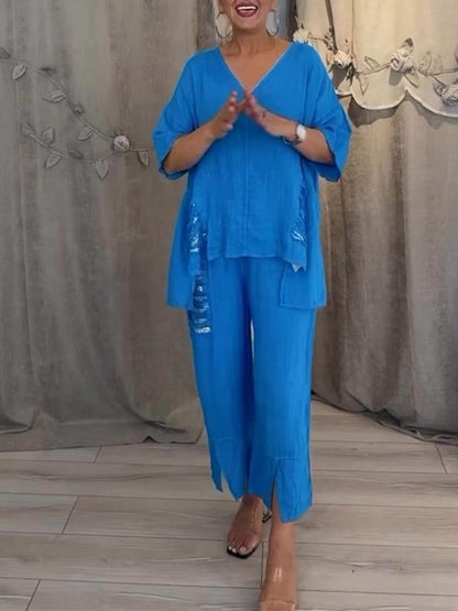 Nicole | Women's Relaxed 2 Piece Set V-Neck Top and Cropped Pants