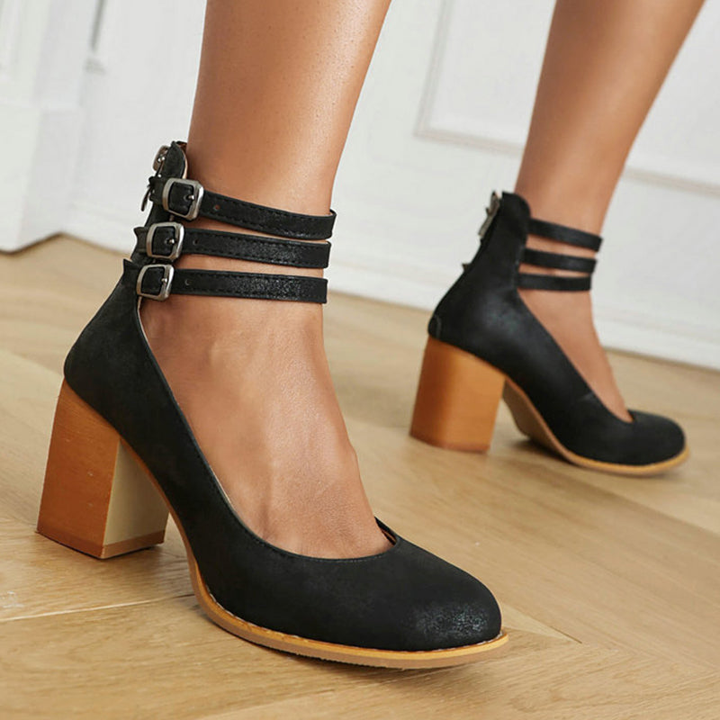 Sharon | Smooth Sandals with Ankle Strap and Thick Heel
