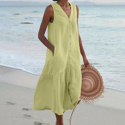 Brinley | No-Sleeve Buttoned Mid-Length Dress