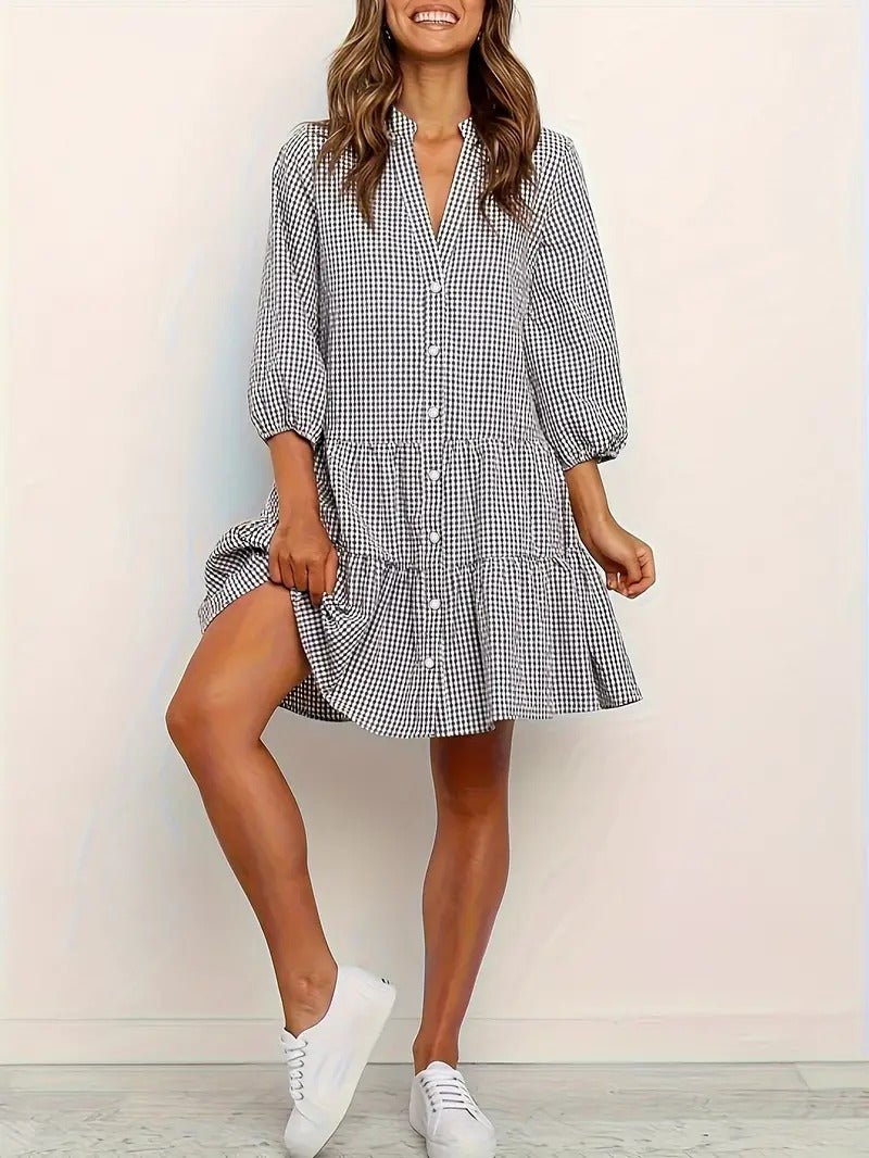 Aurora | Women's Gingham Print Button-Through Short Dress Three-Quarter Sleeve