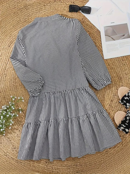 Aurora | Women's Gingham Print Button-Through Short Dress Three-Quarter Sleeve