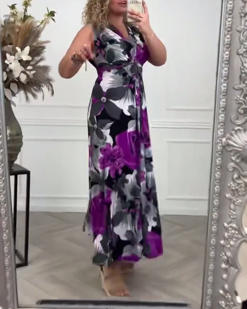 Trinity | Women's Floral Maxi Dress No-Sleeve Tie Front V-Neck