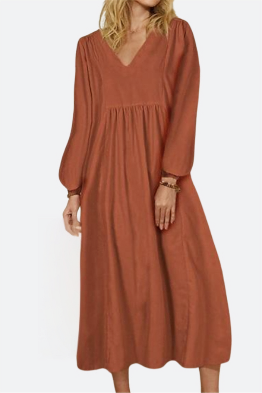 Athena | Women's V-Neck Smocked Waist Mid-Length Dress with Balloon Sleeves