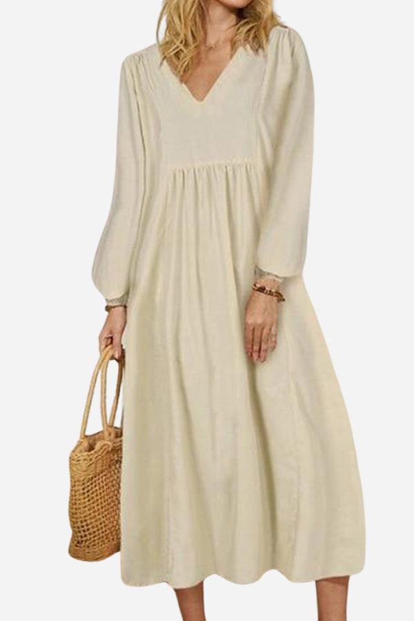 Athena | Women's V-Neck Smocked Waist Mid-Length Dress with Balloon Sleeves