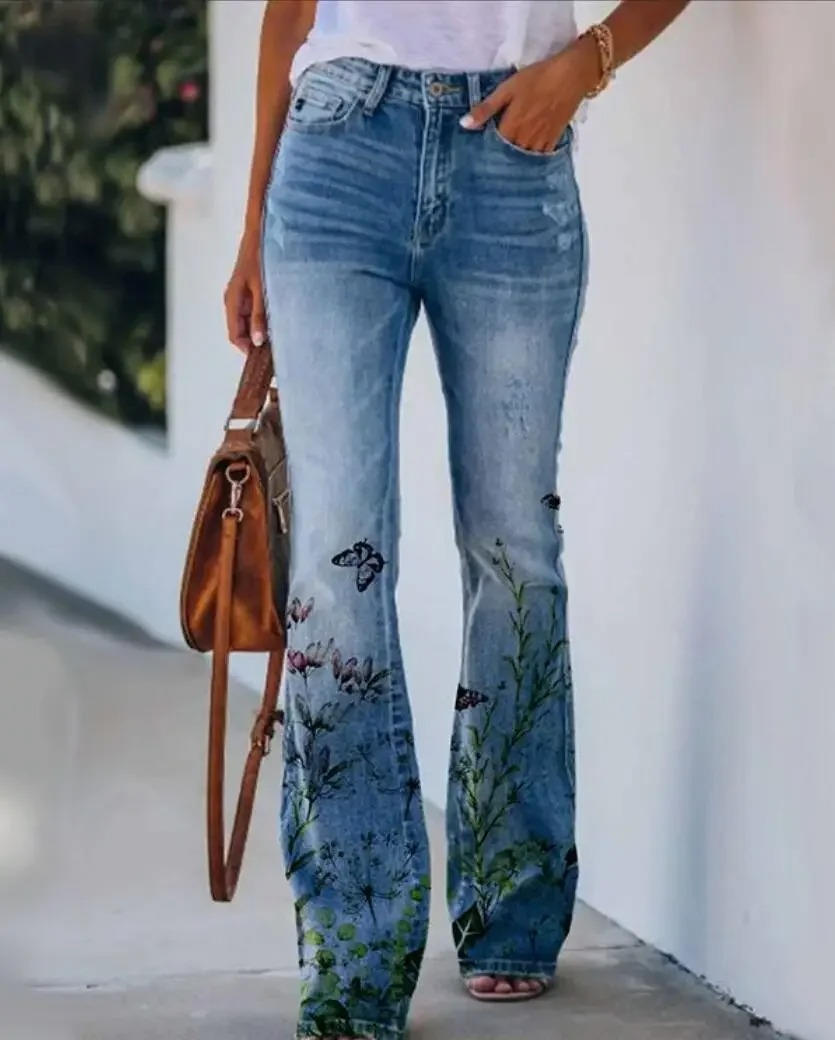 Angie | Women's Botanical Print High Waist Flare Jeans