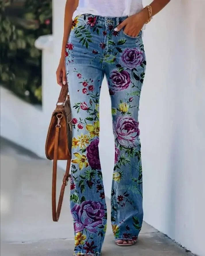 Angie | Women's Botanical Print High Waist Flare Jeans