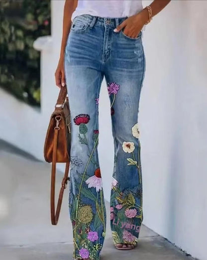 Angie | Women's Botanical Print High Waist Flare Jeans