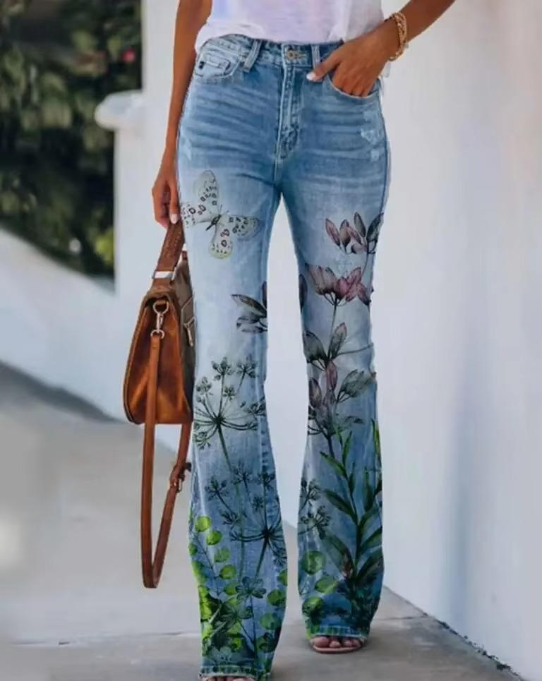 Angie | Women's Botanical Print High Waist Flare Jeans
