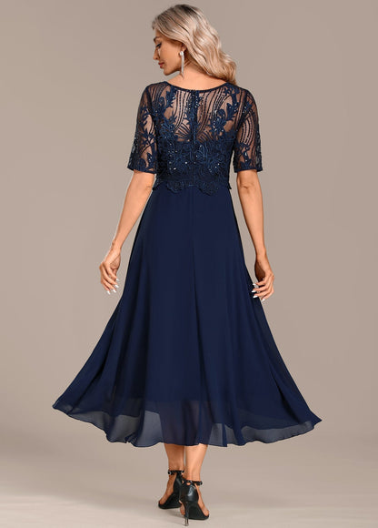 Skylar | Navy Lace Short-Sleeved Round Neck Dress