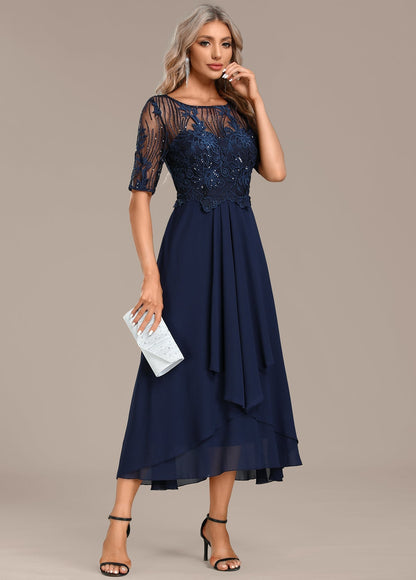 Skylar | Navy Lace Short-Sleeved Round Neck Dress