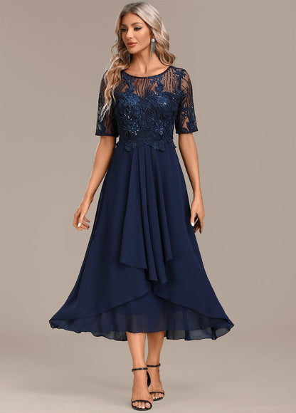 Skylar | Navy Lace Short-Sleeved Round Neck Dress