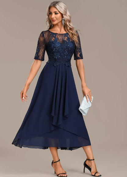 Skylar | Navy Lace Short-Sleeved Round Neck Dress