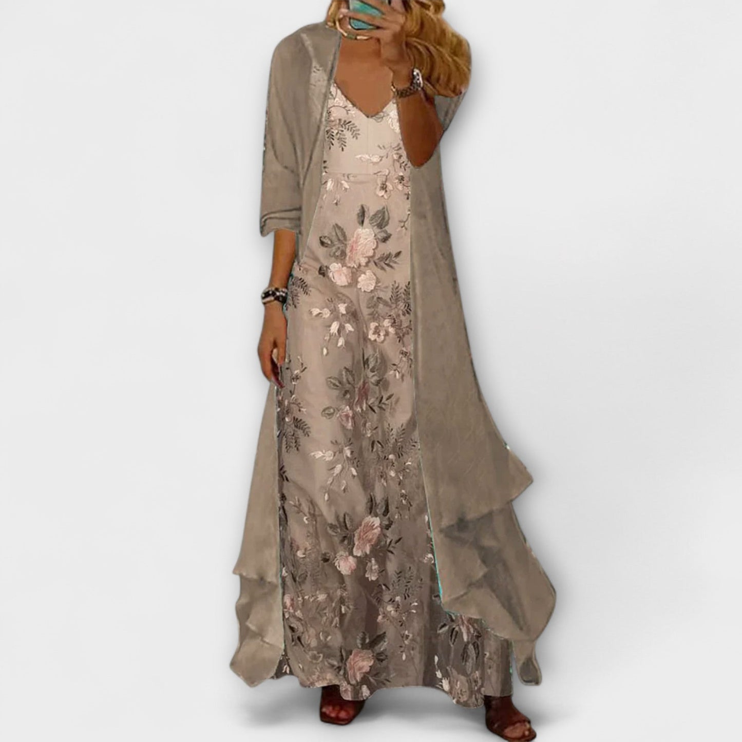 Lily | Women's Botanical Maxi Dress with Longline Cardigan Set