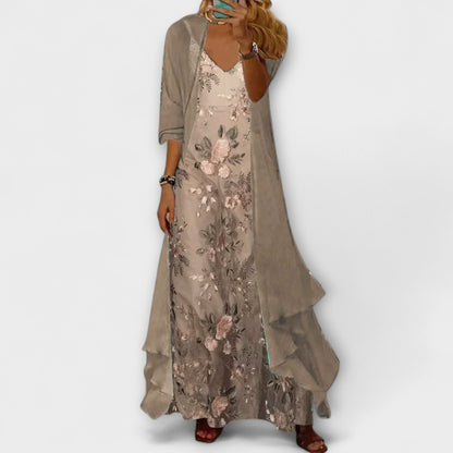 Lily | Women's Botanical Maxi Dress with Longline Cardigan Set