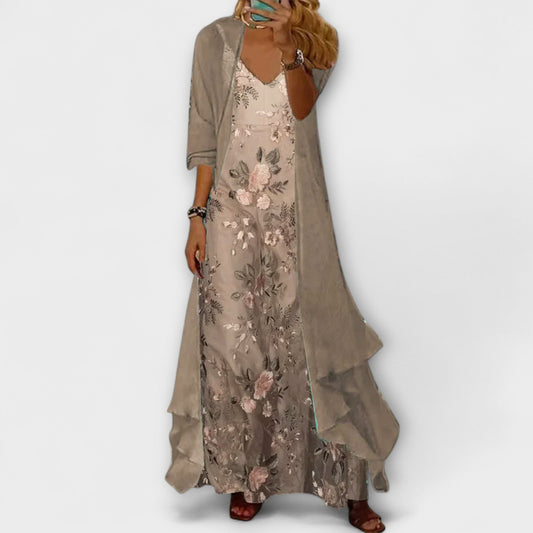 Lily | Women's Botanical Maxi Dress with Longline Cardigan Set