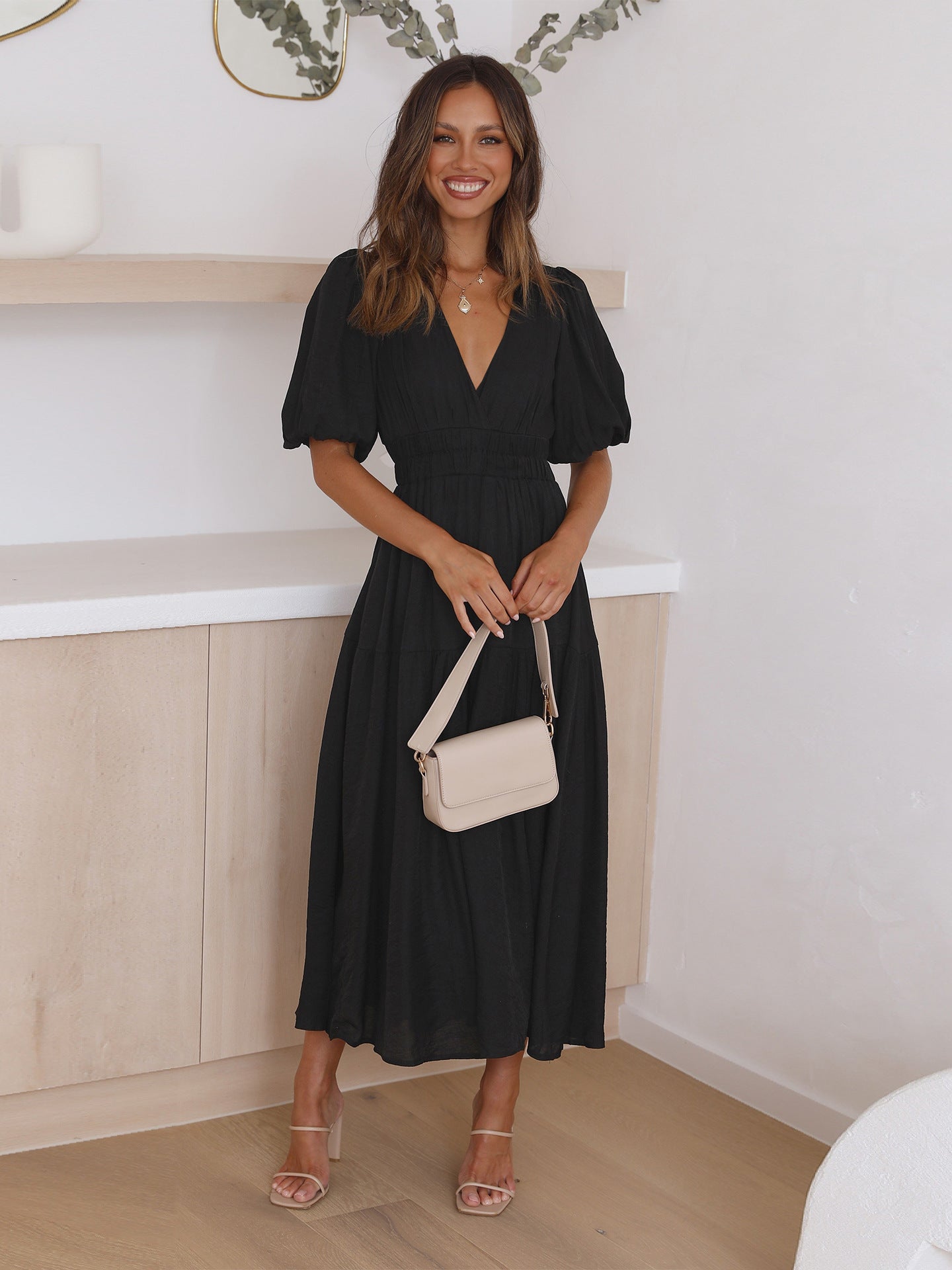 Ivy | Women's V-Neck Puff Sleeve Mid-Length Dress with Smocked Waist
