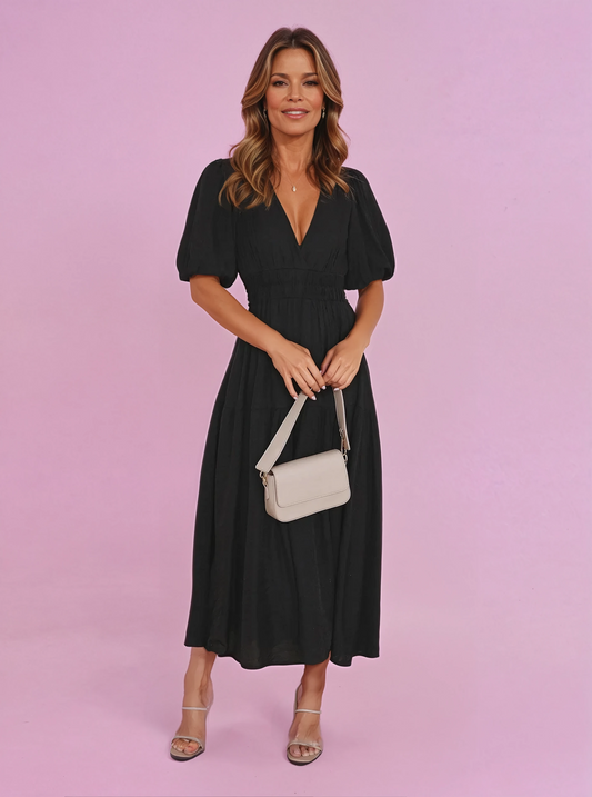 Ivy | Women's V-Neck Puff Sleeve Mid-Length Dress with Smocked Waist