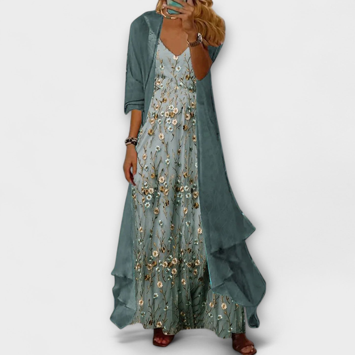 Lily | Women's Botanical Maxi Dress with Longline Cardigan Set